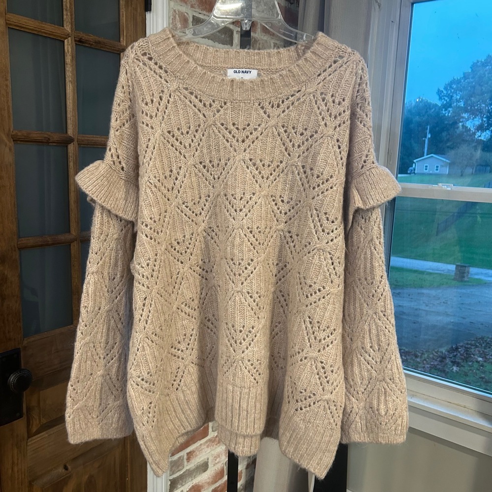 Old Navy Sweater Women Wool Blend Beige Pointelle Ruffle Coquette Romantic 3X